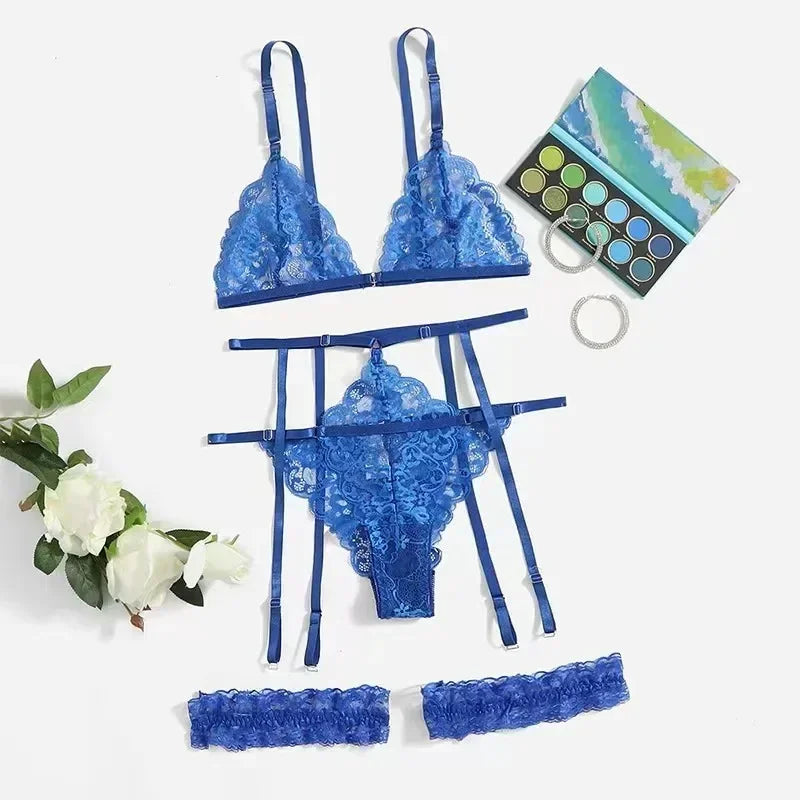 Conjunto de Lencería 3 Piezas de Encaje Transparente – Elegancia y Sensualidad